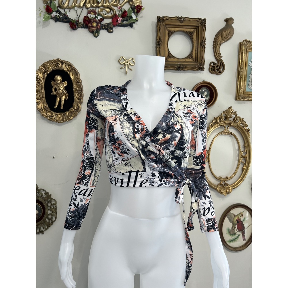 Vintage Cheryl Creations Postal Collage Long Sleeve Wrap Crop Top Size S